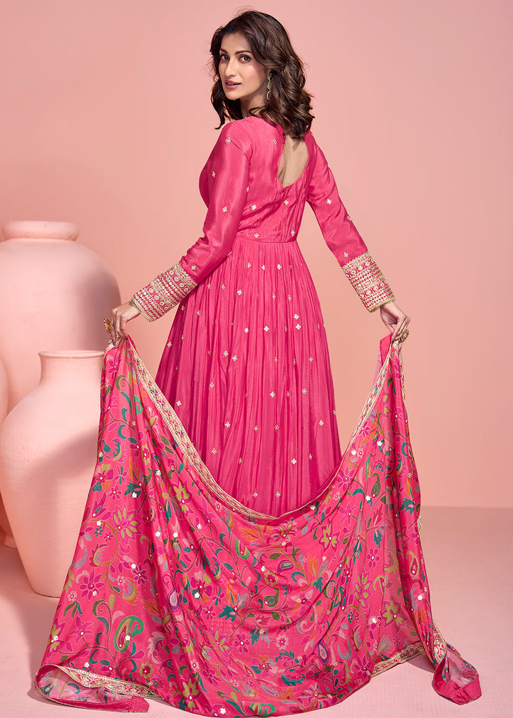 Buy Now Appealing Pink Embroidered Chinnon Silk Anarkali Gown Online in US, UK, Canada, France, Italy, Singapore, UAE & Worldwide at Empress Clothing.