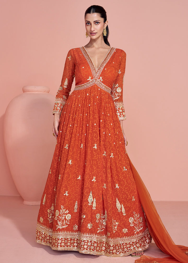 Buy Now Premium Embroidered Orange Festive Anarkali Suit Online in USA, UK, Sweden, Denmark, Greece, Germany, Canada, Belgium, Austria & Worldwide at Empress.