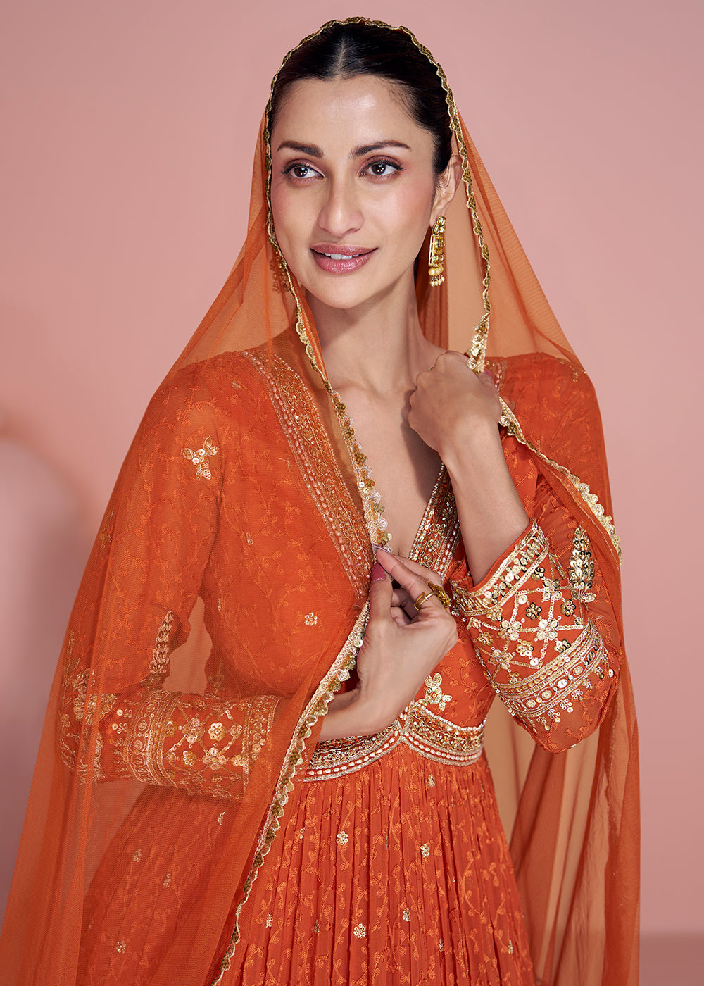 Buy Now Premium Embroidered Orange Festive Anarkali Suit Online in USA, UK, Sweden, Denmark, Greece, Germany, Canada, Belgium, Austria & Worldwide at Empress.