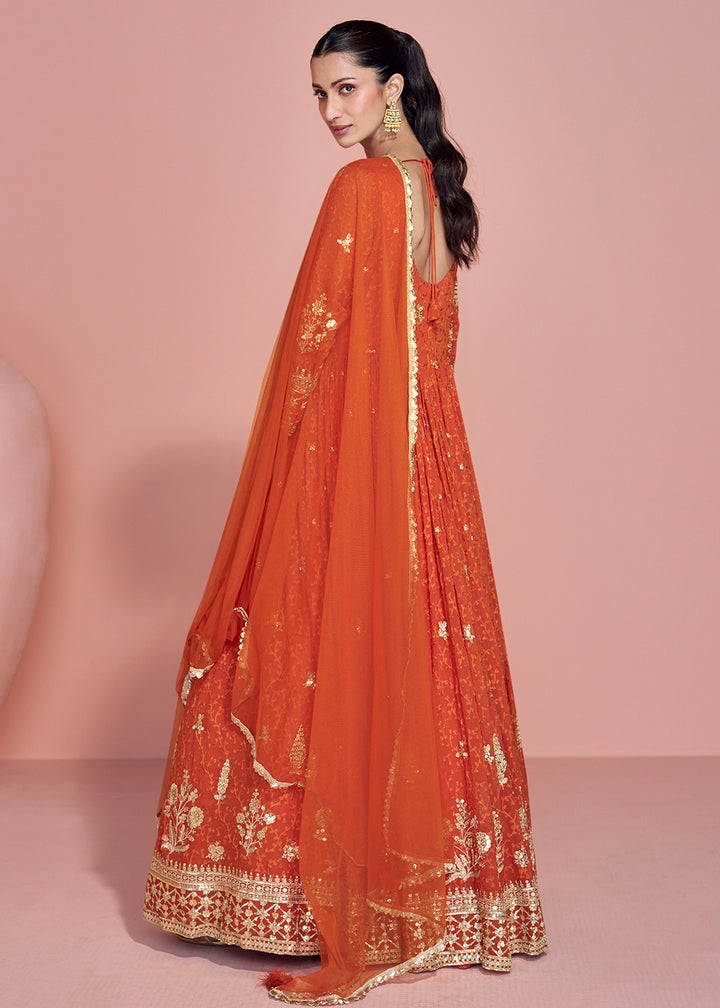 Buy Now Premium Embroidered Orange Festive Anarkali Suit Online in USA, UK, Sweden, Denmark, Greece, Germany, Canada, Belgium, Austria & Worldwide at Empress.