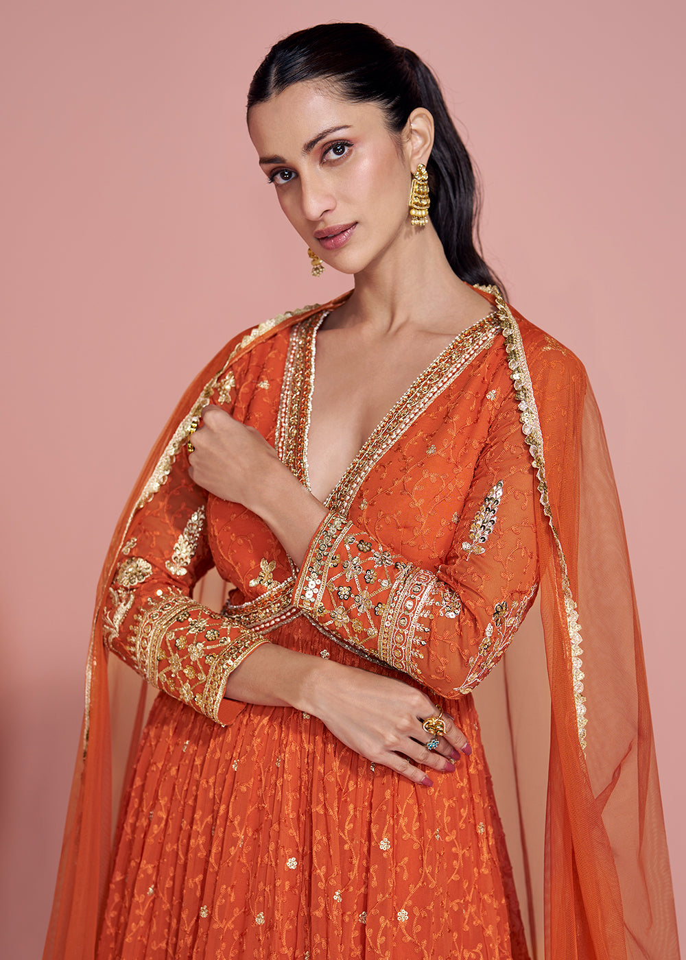 Buy Now Premium Embroidered Orange Festive Anarkali Suit Online in USA, UK, Sweden, Denmark, Greece, Germany, Canada, Belgium, Austria & Worldwide at Empress.