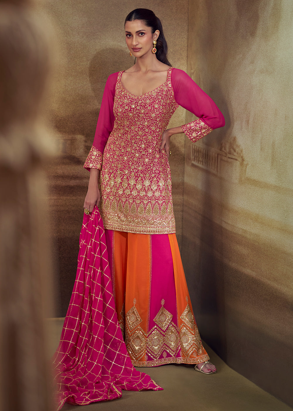Shop Now Pink & Orange Zarkan Zari Embroidery Gharara Style Suit Online at Empress in US, UK, Canada, Italy, Germany, France, Greece, Sweden, UAE & Worldwide.