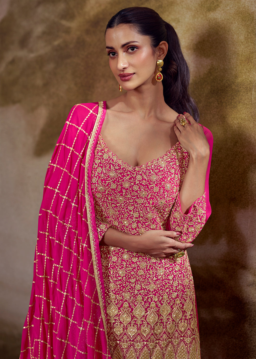 Shop Now Pink & Orange Zarkan Zari Embroidery Gharara Style Suit Online at Empress in US, UK, Canada, Italy, Germany, France, Greece, Sweden, UAE & Worldwide.
