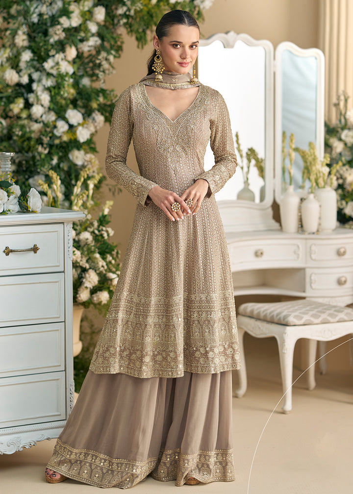 Buy Now Dusty Beige Designer Embroidered Wedding Festive Palazzo Suit Online in USA, UK, Canada, Germany, Italy, France, UAE & Worldwide at Empress Clothing.