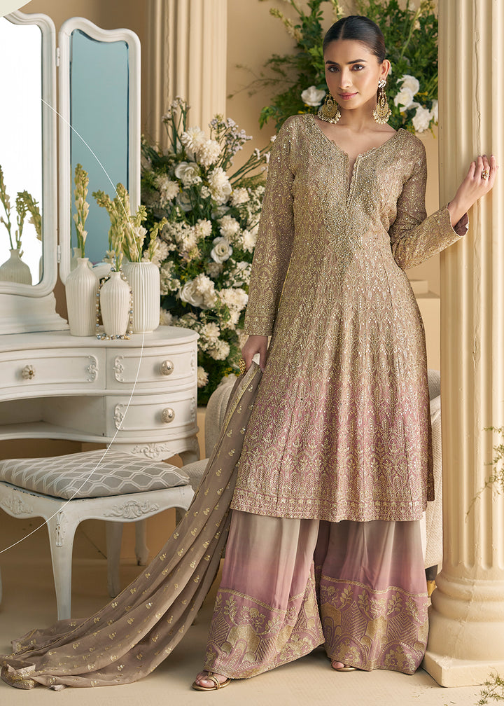Buy Now Beige & Pink Designer Embroidered Wedding Festive Palazzo Suit Online in USA, UK, Canada, Germany, Italy, France, UAE & Worldwide at Empress Clothing.