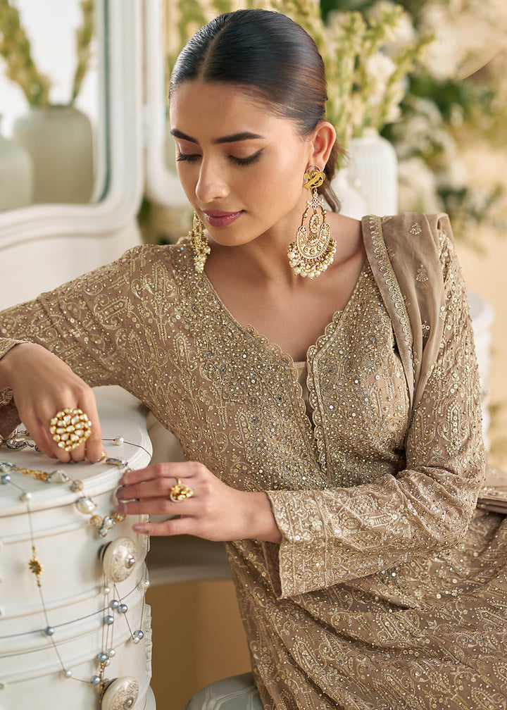 Buy Now Beige & Pink Designer Embroidered Wedding Festive Palazzo Suit Online in USA, UK, Canada, Germany, Italy, France, UAE & Worldwide at Empress Clothing.