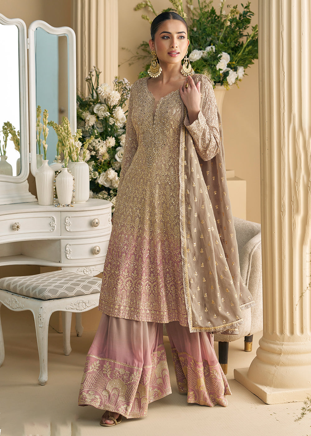 Buy Now Beige & Pink Designer Embroidered Wedding Festive Palazzo Suit Online in USA, UK, Canada, Germany, Italy, France, UAE & Worldwide at Empress Clothing.