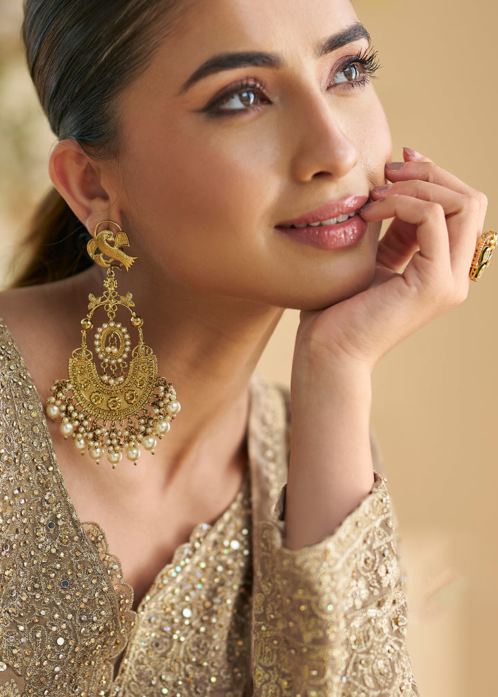 Buy Now Beige & Pink Designer Embroidered Wedding Festive Palazzo Suit Online in USA, UK, Canada, Germany, Italy, France, UAE & Worldwide at Empress Clothing.