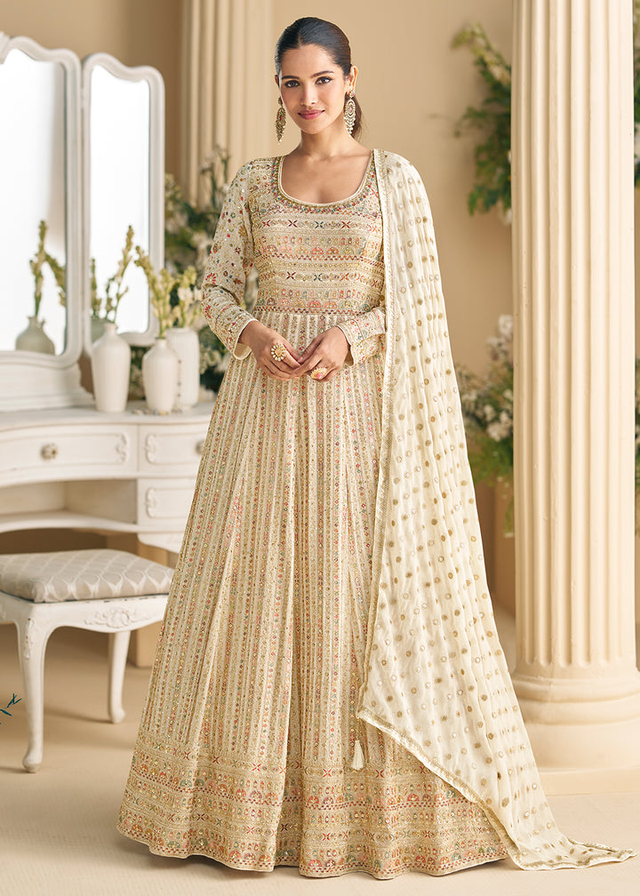 Buy Now Pretty Off White Embroidered Georgette Anarkali Gown Online in US, UK, Canada, France, Italy, Singapore, UAE, Austria, Australia & Worldwide at Empress.