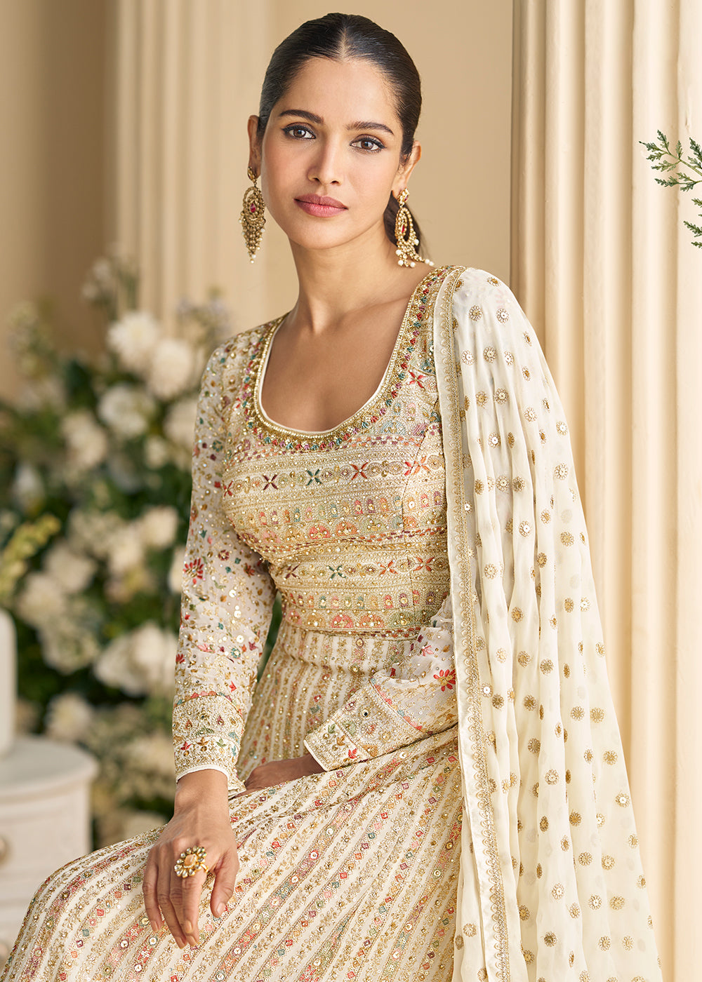 Buy Now Pretty Off White Embroidered Georgette Anarkali Gown Online in US, UK, Canada, France, Italy, Singapore, UAE, Austria, Australia & Worldwide at Empress.