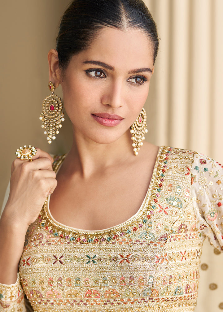 Buy Now Pretty Off White Embroidered Georgette Anarkali Gown Online in US, UK, Canada, France, Italy, Singapore, UAE, Austria, Australia & Worldwide at Empress.