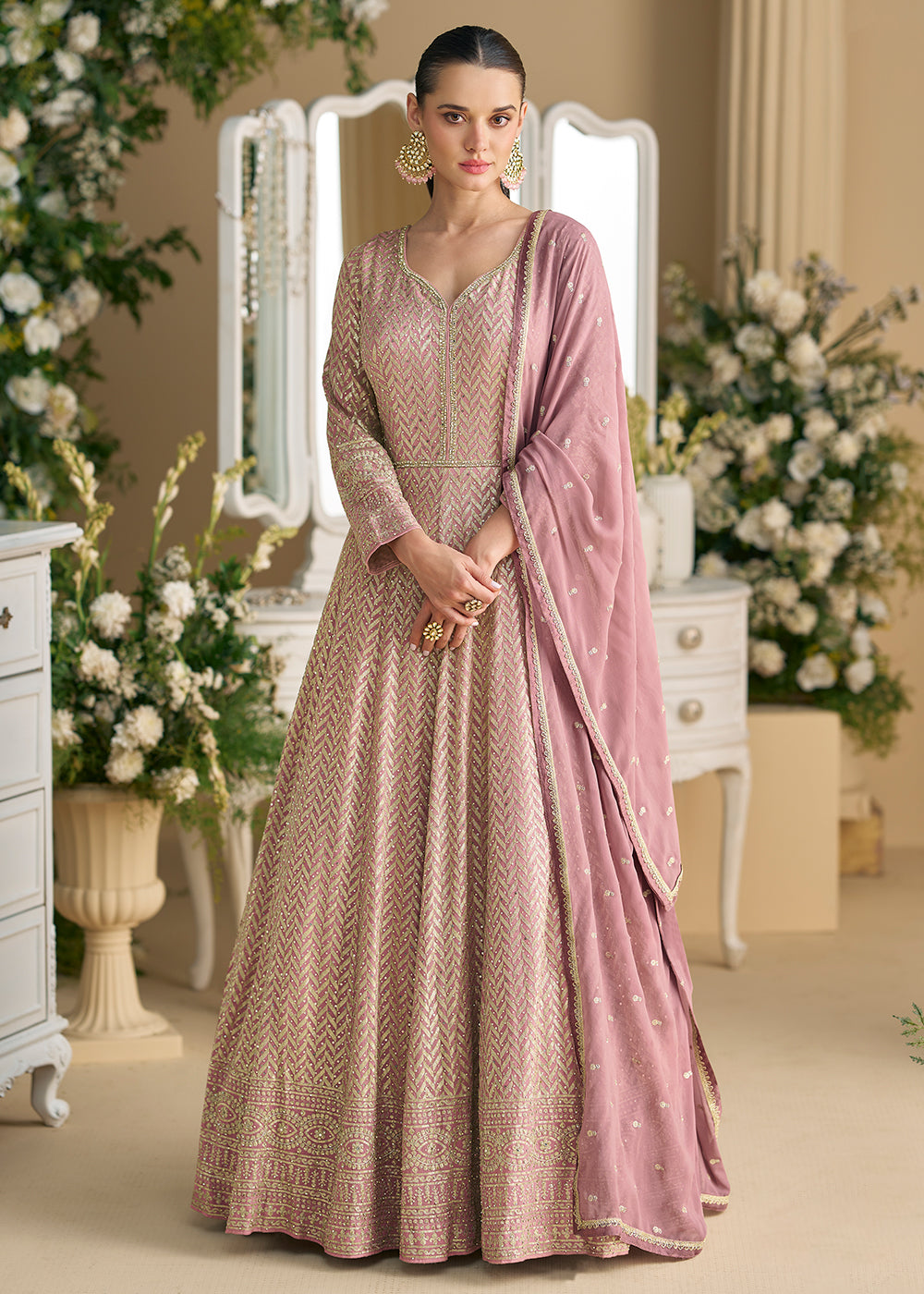 Buy Now Pretty Pink Embroidered Georgette Anarkali Gown Online in US, UK, Canada, France, Italy, Singapore, UAE, Austria, Australia & Worldwide at Empress.