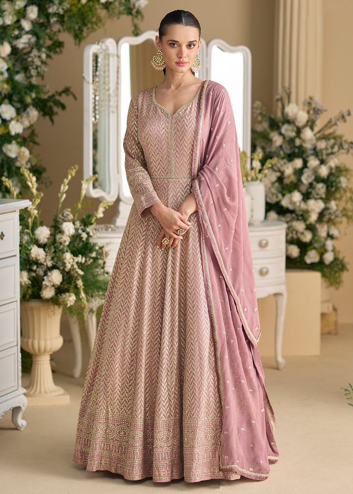 Buy Now Pretty Pink Embroidered Georgette Anarkali Gown Online in US, UK, Canada, France, Italy, Singapore, UAE, Austria, Australia & Worldwide at Empress.