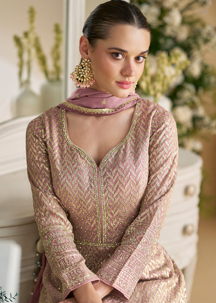 Buy Now Pretty Pink Embroidered Georgette Anarkali Gown Online in US, UK, Canada, France, Italy, Singapore, UAE, Austria, Australia & Worldwide at Empress.