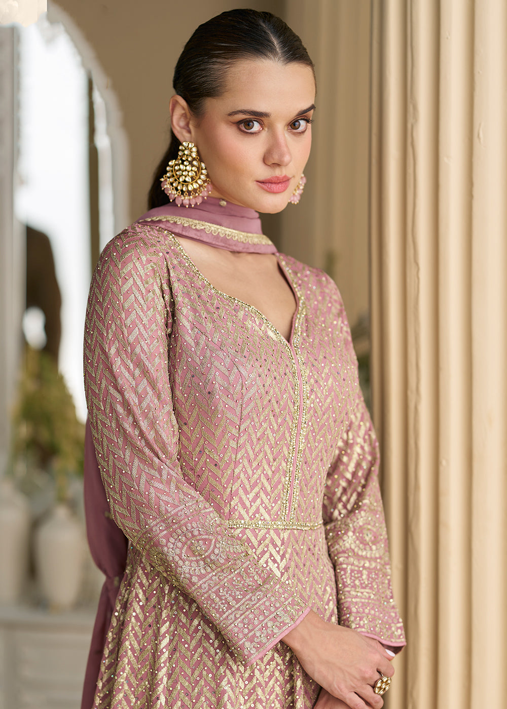 Buy Now Pretty Pink Embroidered Georgette Anarkali Gown Online in US, UK, Canada, France, Italy, Singapore, UAE, Austria, Australia & Worldwide at Empress.