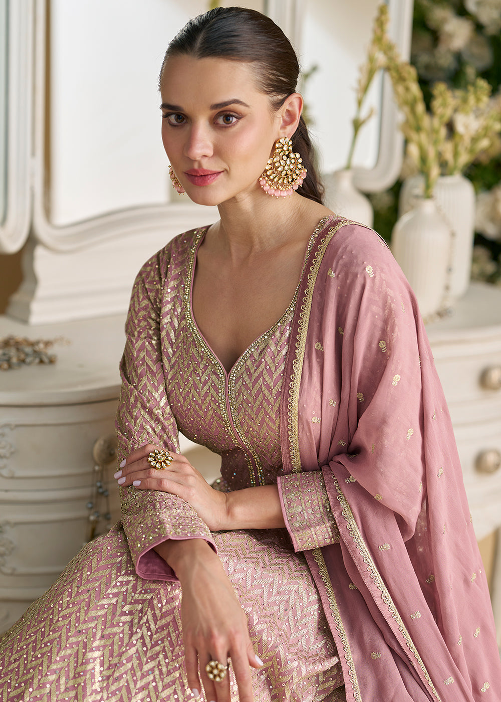 Buy Now Pretty Pink Embroidered Georgette Anarkali Gown Online in US, UK, Canada, France, Italy, Singapore, UAE, Austria, Australia & Worldwide at Empress.