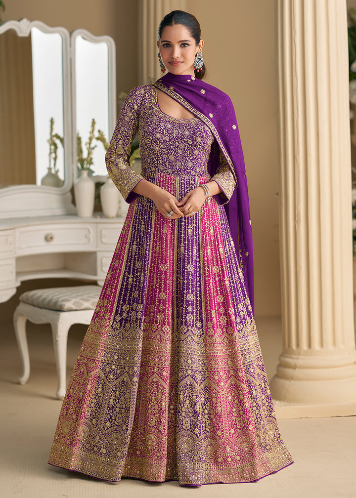 Buy Now Purple & Pink Premium Georgette Festive Anarkali Gown Online in US, UK, Canada, France, Italy, Sweden, Ireland, UAE, Australia & Worldwide at Empress.