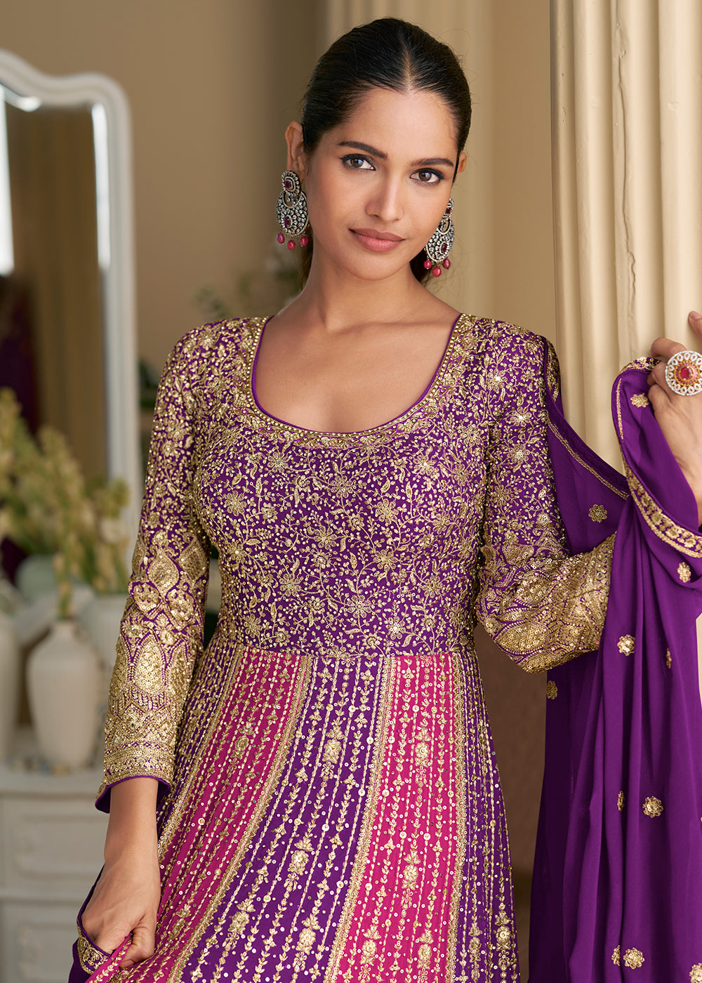 Buy Now Purple & Pink Premium Georgette Festive Anarkali Gown Online in US, UK, Canada, France, Italy, Sweden, Ireland, UAE, Australia & Worldwide at Empress.