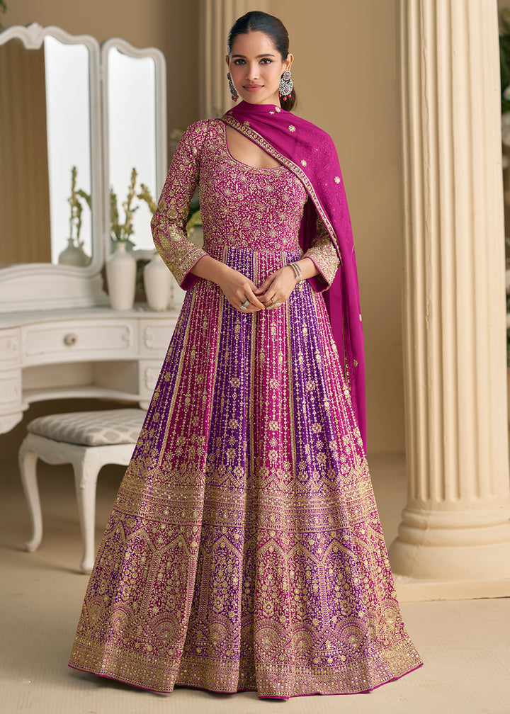 Buy Now Pink & Purple Premium Georgette Festive Anarkali Gown Online in US, UK, Canada, France, Italy, Sweden, Ireland, UAE, Australia & Worldwide at Empress.
