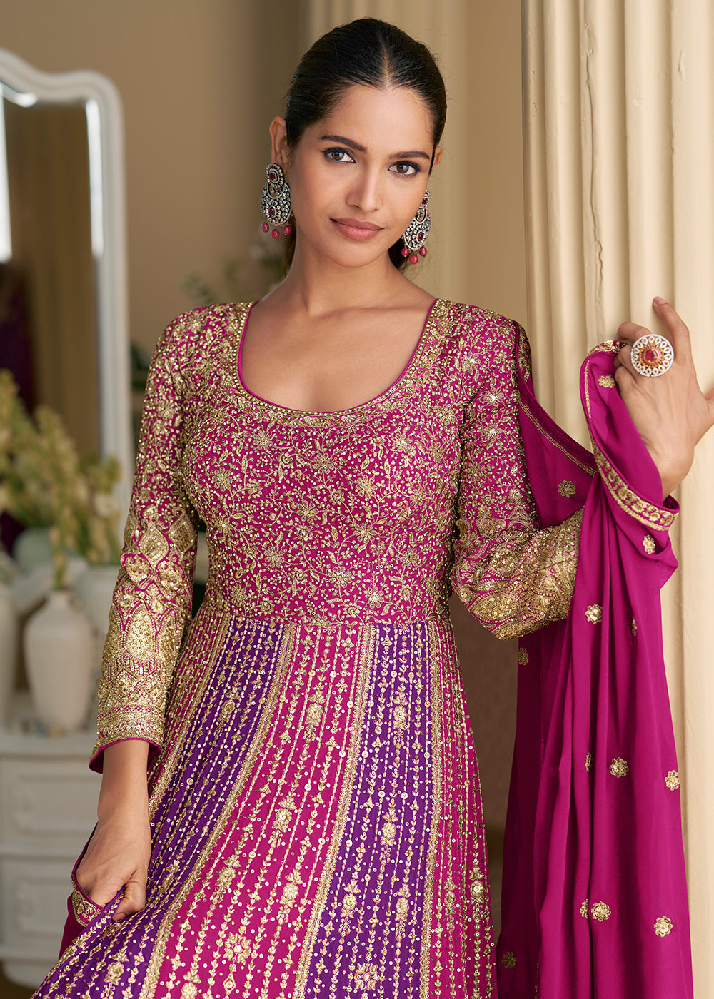 Buy Now Pink & Purple Premium Georgette Festive Anarkali Gown Online in US, UK, Canada, France, Italy, Sweden, Ireland, UAE, Australia & Worldwide at Empress.