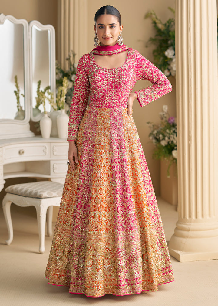 Buy Now Pink & Orange Premium Georgette Festive Anarkali Gown Online in US, UK, Canada, France, Italy, Sweden, Ireland, UAE, Australia & Worldwide at Empress.