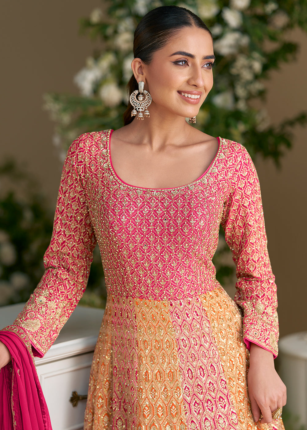 Buy Now Pink & Orange Premium Georgette Festive Anarkali Gown Online in US, UK, Canada, France, Italy, Sweden, Ireland, UAE, Australia & Worldwide at Empress.