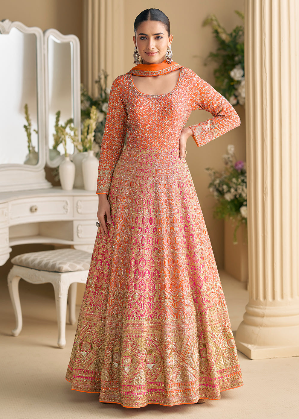 Buy Now Orange Premium Georgette Festive Anarkali Gown Online in US, UK, Canada, France, Italy, Sweden, Ireland, UAE, Australia & Worldwide at Empress.