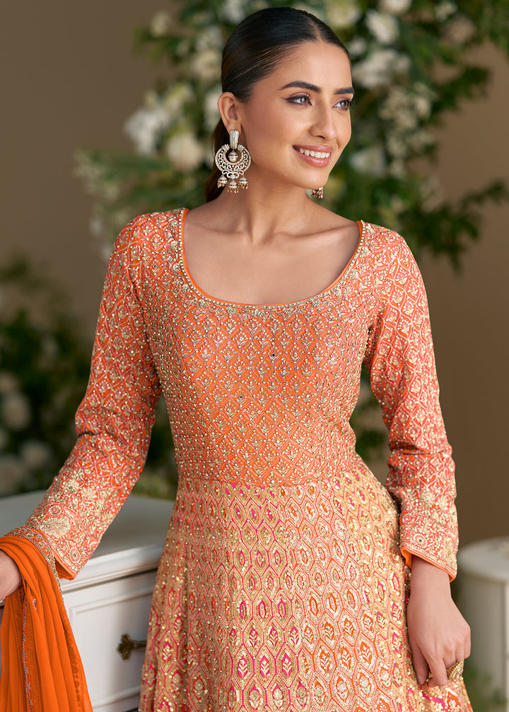Buy Now Orange Premium Georgette Festive Anarkali Gown Online in US, UK, Canada, France, Italy, Sweden, Ireland, UAE, Australia & Worldwide at Empress.