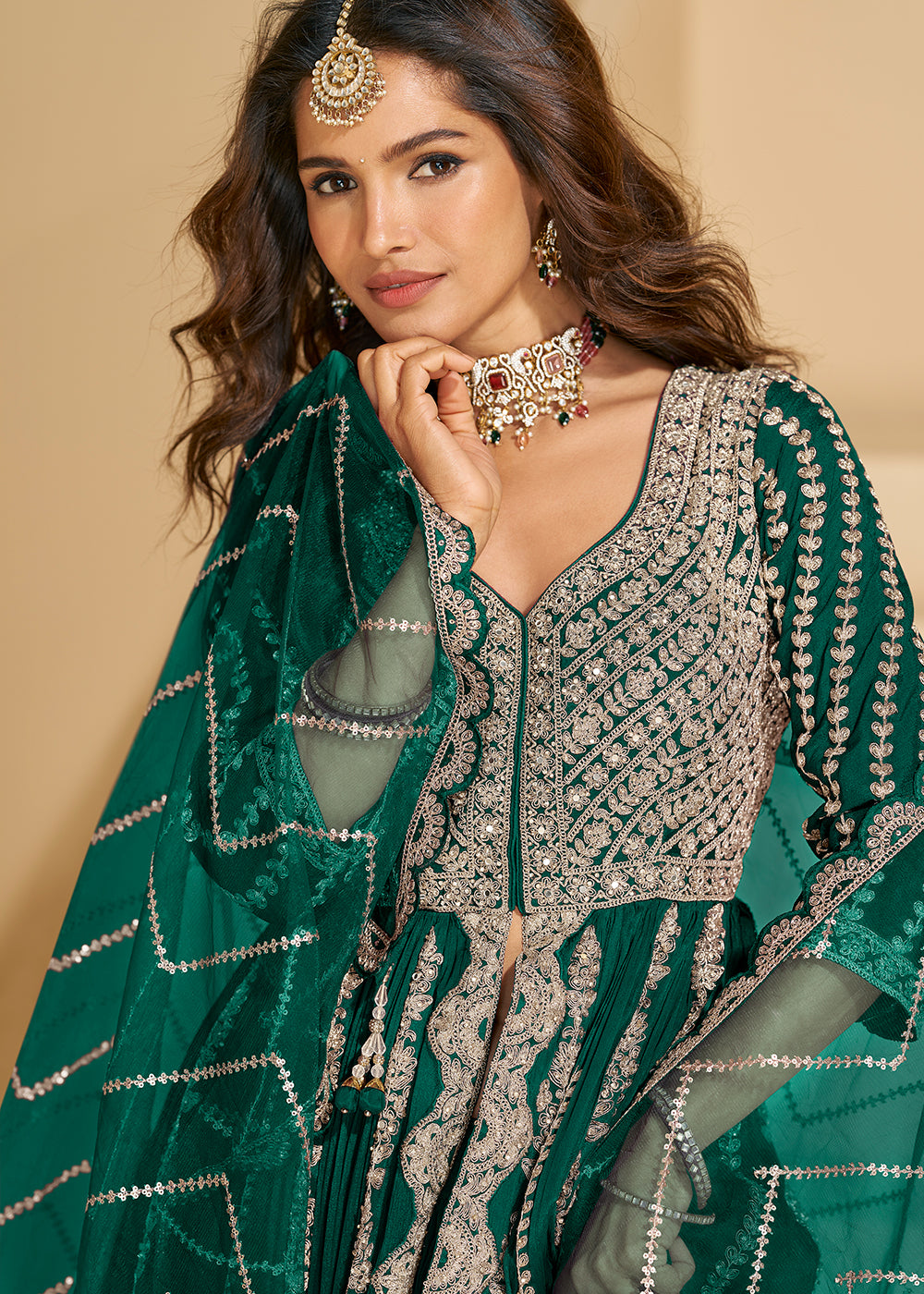 Buy Now Pretty Green Front Slit Embroidered Skirt Style Suit Online in US, UK, Germany, France, Italy, Canada, Australia, Singapore, UAE & Worldwide at Empress.