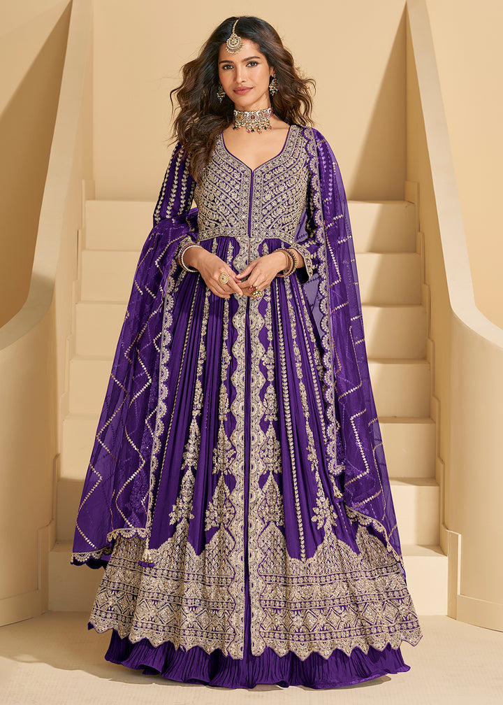 Buy Now Pretty Purple Front Slit Embroidered Skirt Style Suit Online in US, UK, Germany, France, Italy, Canada, Australia, Singapore, UAE & Worldwide at Empress.