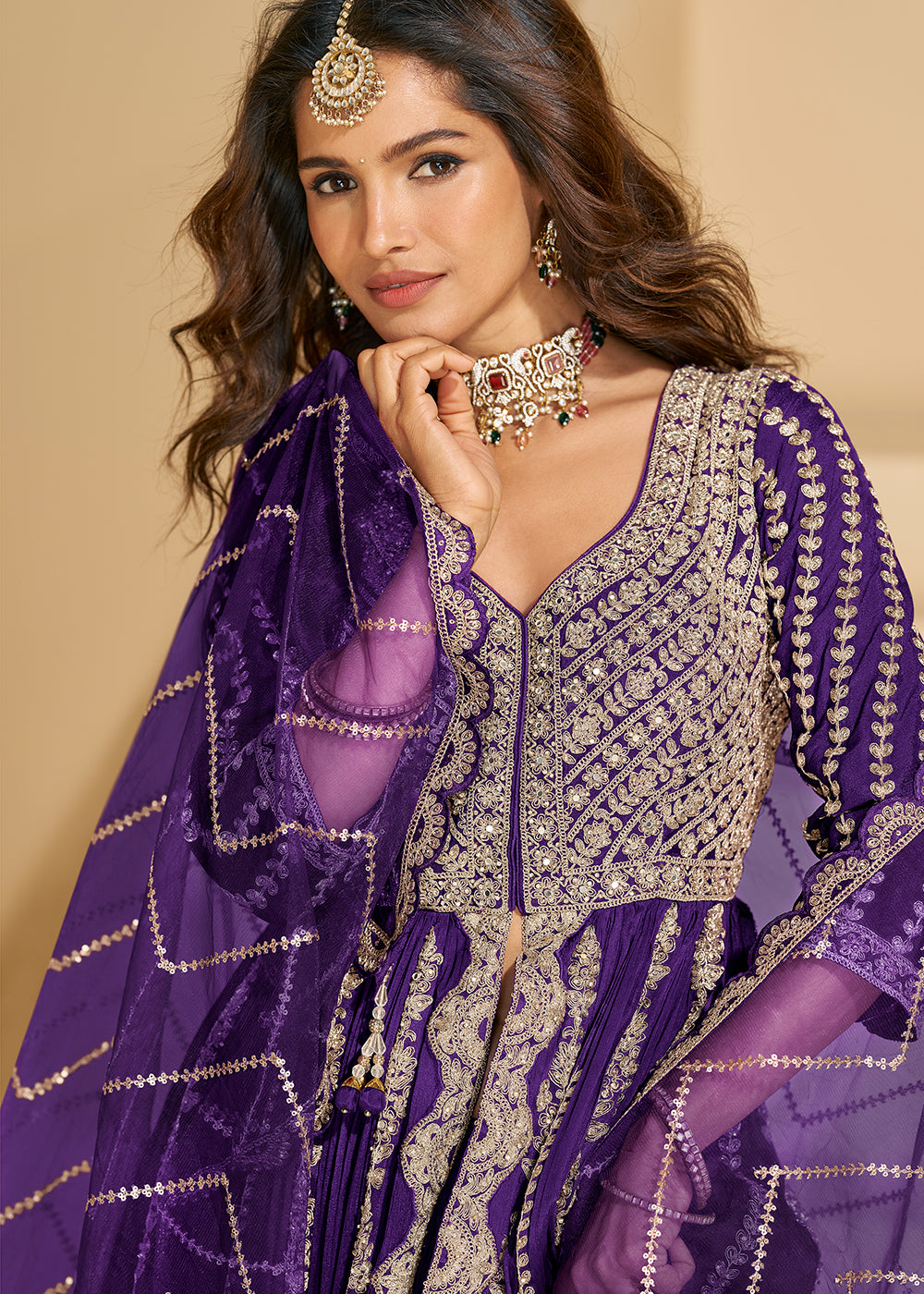 Buy Now Pretty Purple Front Slit Embroidered Skirt Style Suit Online in US, UK, Germany, France, Italy, Canada, Australia, Singapore, UAE & Worldwide at Empress.