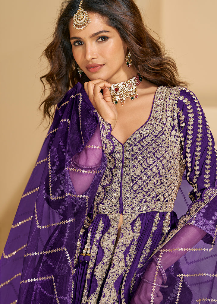 Buy Now Pretty Purple Front Slit Embroidered Skirt Style Suit Online in US, UK, Germany, France, Italy, Canada, Australia, Singapore, UAE & Worldwide at Empress.