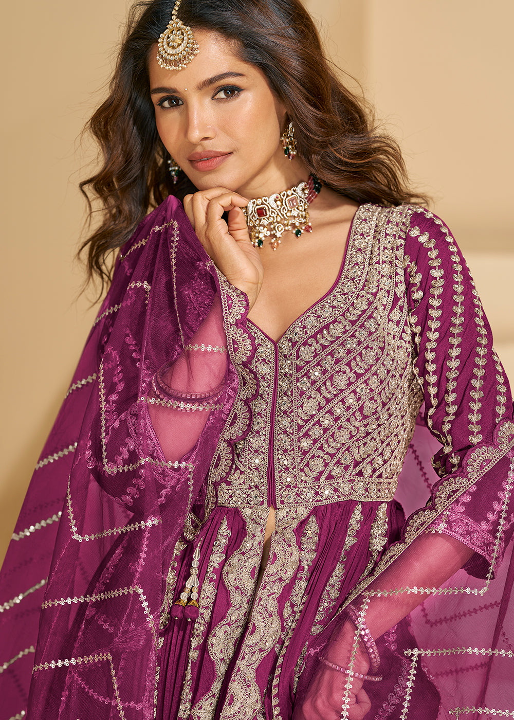 Buy Now Pretty Magenta Front Slit Embroidered Skirt Style Suit Online in US, UK, Germany, France, Italy, Canada, Australia, Singapore, UAE & Worldwide at Empress