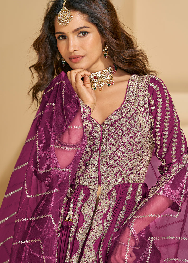 Buy Now Pretty Magenta Front Slit Embroidered Skirt Style Suit Online in US, UK, Germany, France, Italy, Canada, Australia, Singapore, UAE & Worldwide at Empress