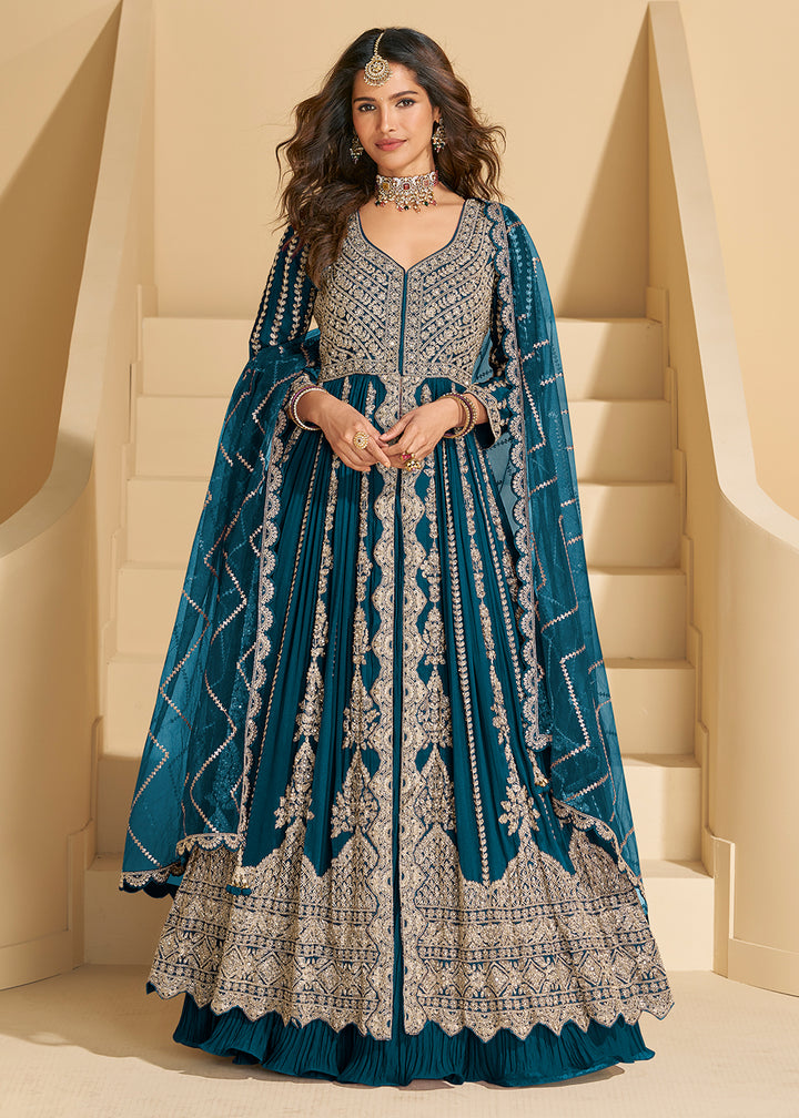 Buy Now Pretty Teal Blue Front Slit Embroidered Skirt Style Suit Online in US, UK, Germany, France, Italy, Canada, Australia, Singapore & Worldwide at Empress.