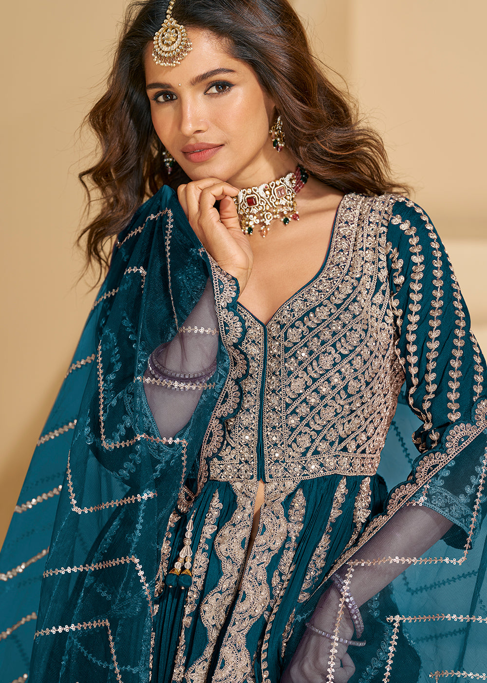 Buy Now Pretty Teal Blue Front Slit Embroidered Skirt Style Suit Online in US, UK, Germany, France, Italy, Canada, Australia, Singapore & Worldwide at Empress.