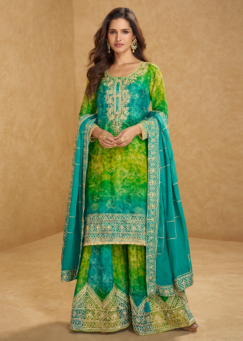 Buy Now Turquoise & Green Embroidered Festive Sharara Suit Online in USA, UK, Canada, Germany, Italy, France, Austria, Denmark, UAE & Worldwide at Empress.