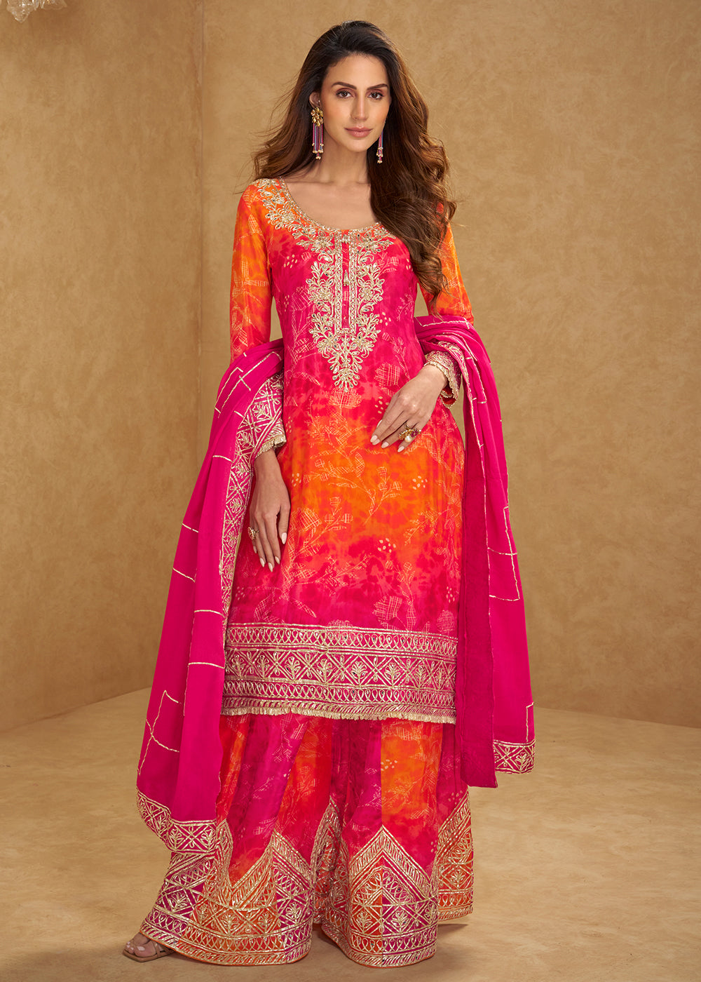 Buy Now Pink & Orange Embroidered Festive Sharara Suit Online in USA, UK, Canada, Germany, Italy, France, Austria, Denmark, UAE & Worldwide at Empress.