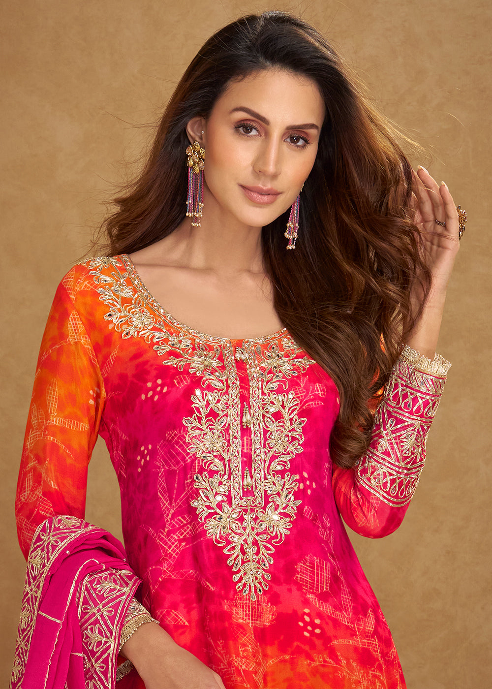 Buy Now Pink & Orange Embroidered Festive Sharara Suit Online in USA, UK, Canada, Germany, Italy, France, Austria, Denmark, UAE & Worldwide at Empress.