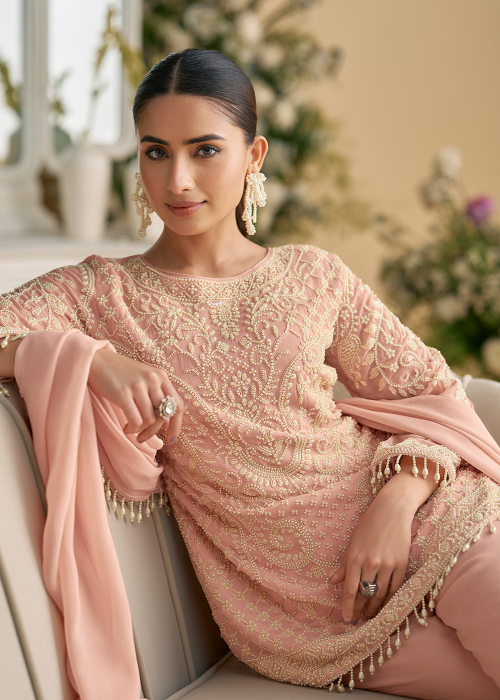 Buy Now Blush Peach Georgette Chikankari Pant Style Suit Online in US, UK, Canada, Germany, Italy, France, Austria, Denmark, UAE & Worldwide at Empress Clothing.