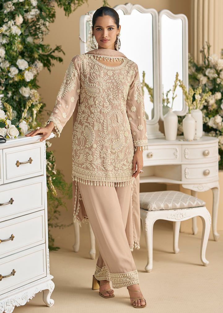 Buy Now Blush Beige Georgette Chikankari Pant Style Suit Online in US, UK, Canada, Germany, Italy, France, Austria, Denmark, UAE & Worldwide at Empress Clothing