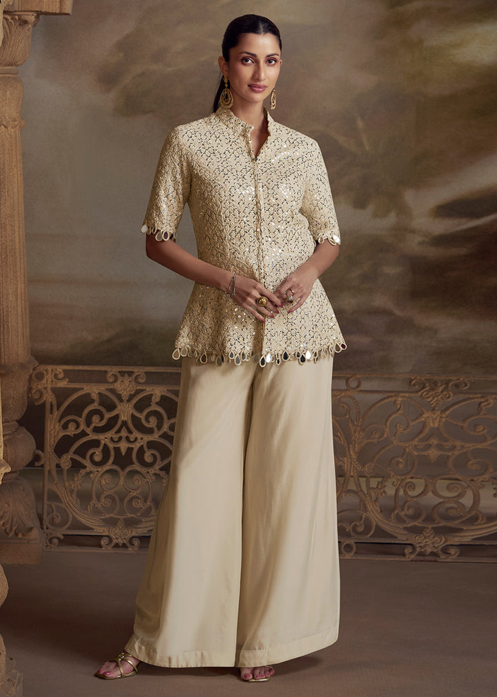 Buy Now Beige Shirt Shirt Style Wedding Festive Palazzo Suit Suit Online in US, UK, Canada, Germany, Italy, France, Austria, Denmark, UAE & Worldwide at Empress.