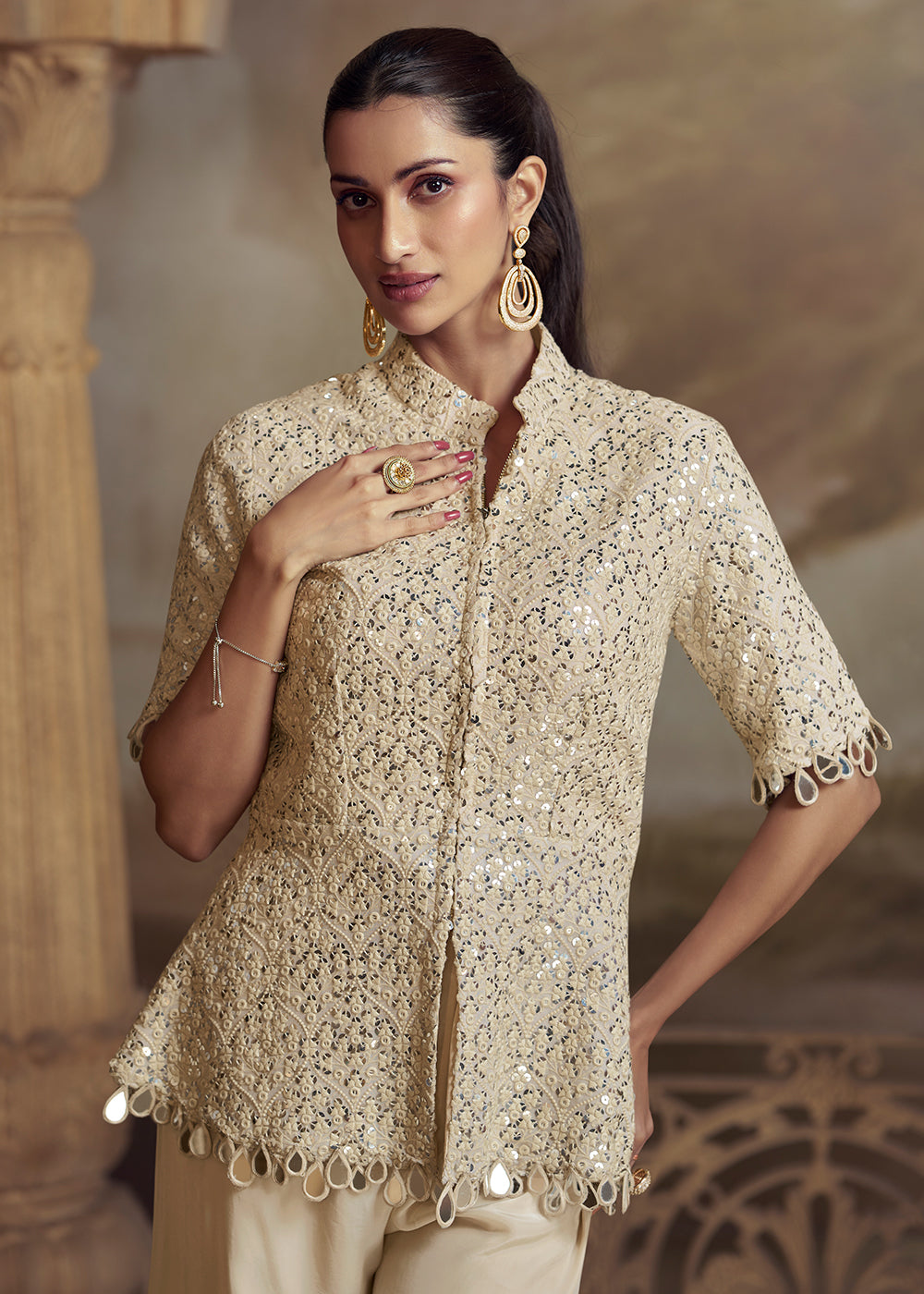 Buy Now Beige Shirt Shirt Style Wedding Festive Palazzo Suit Suit Online in US, UK, Canada, Germany, Italy, France, Austria, Denmark, UAE & Worldwide at Empress.