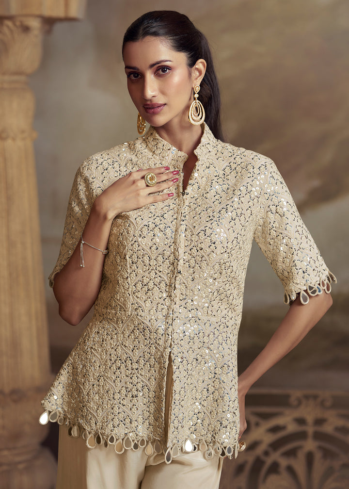 Buy Now Beige Shirt Shirt Style Wedding Festive Palazzo Suit Suit Online in US, UK, Canada, Germany, Italy, France, Austria, Denmark, UAE & Worldwide at Empress.