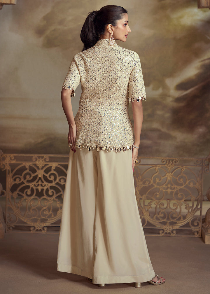 Buy Now Beige Shirt Shirt Style Wedding Festive Palazzo Suit Suit Online in US, UK, Canada, Germany, Italy, France, Austria, Denmark, UAE & Worldwide at Empress.