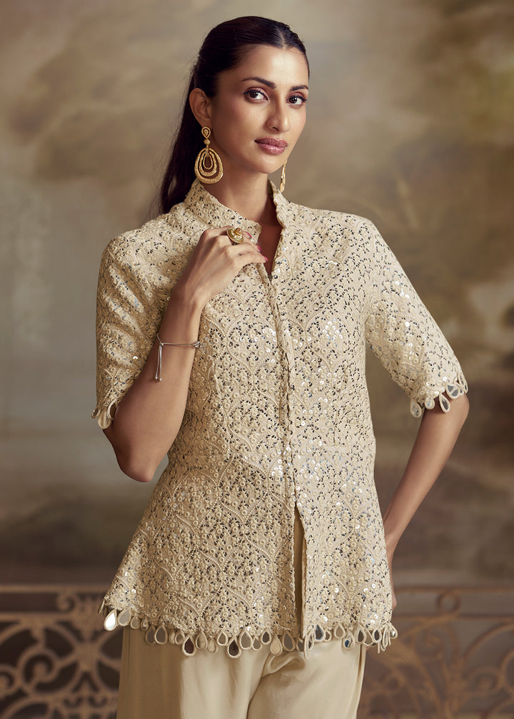 Buy Now Beige Shirt Shirt Style Wedding Festive Palazzo Suit Suit Online in US, UK, Canada, Germany, Italy, France, Austria, Denmark, UAE & Worldwide at Empress.