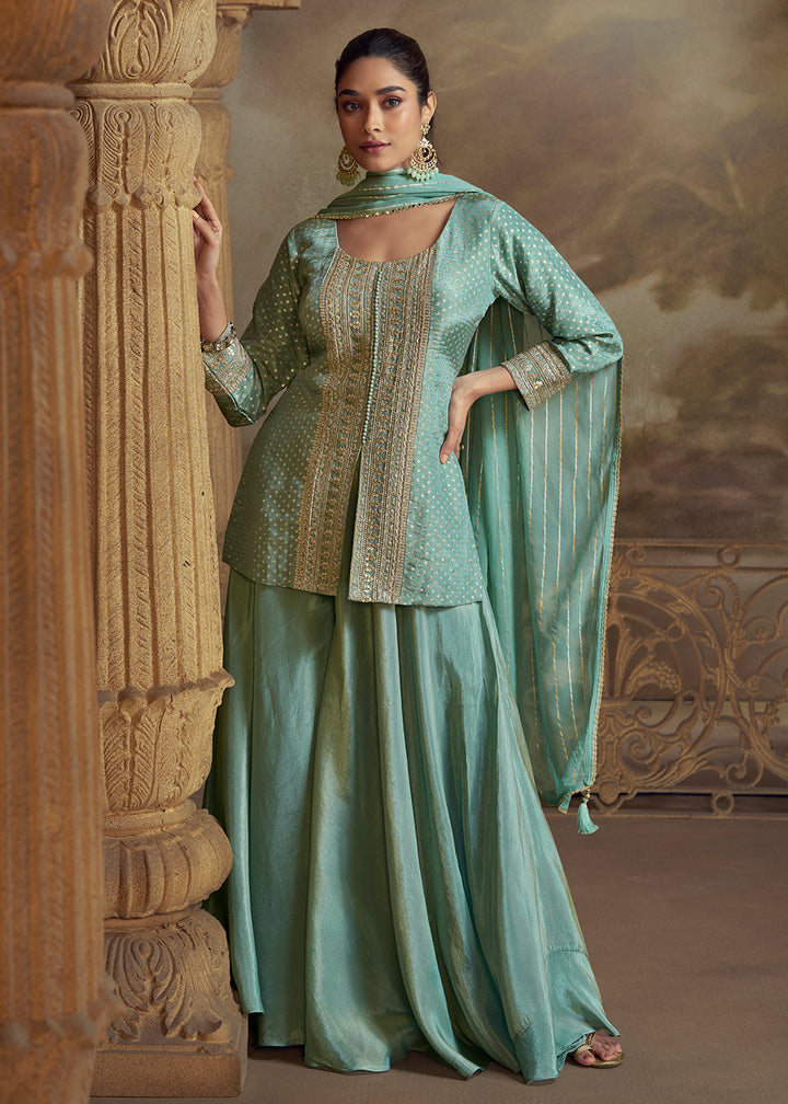 Buy Now Green Shirt Shirt Style Wedding Festive Palazzo Suit Suit Online in US, UK, Canada, Germany, Italy, France, Austria, Denmark, UAE & Worldwide at Empress