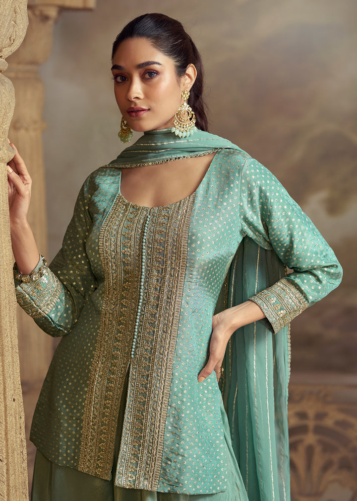 Buy Now Green Shirt Shirt Style Wedding Festive Palazzo Suit Suit Online in US, UK, Canada, Germany, Italy, France, Austria, Denmark, UAE & Worldwide at Empress