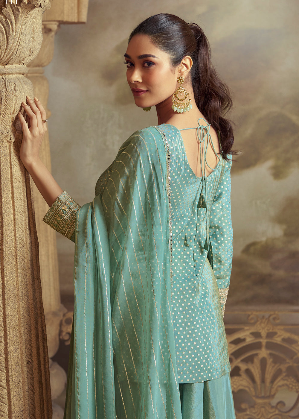 Buy Now Green Shirt Shirt Style Wedding Festive Palazzo Suit Suit Online in US, UK, Canada, Germany, Italy, France, Austria, Denmark, UAE & Worldwide at Empress