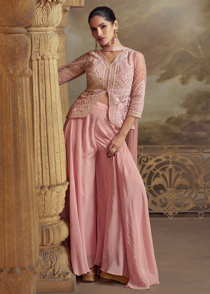 Buy Now Pink Shirt Shirt Style Wedding Festive Palazzo Suit Suit Online in US, UK, Canada, Germany, Italy, France, Austria, Denmark, UAE & Worldwide at Empress.